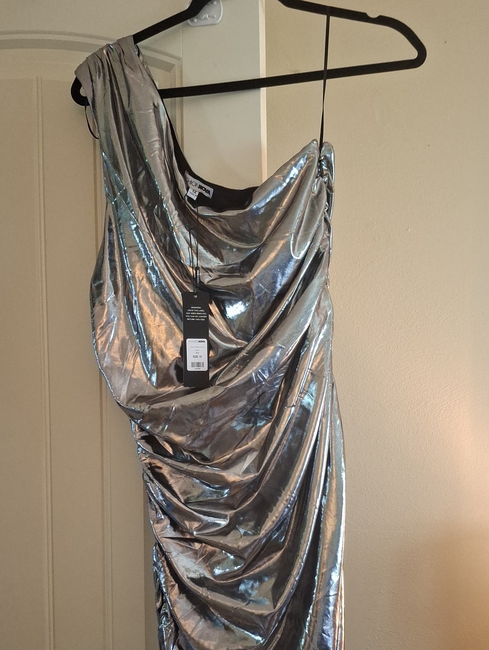 Fashion Nova Silver Metallic One-Shoulder Draped Midi Dress